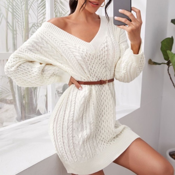 Dresses & Skirts - cream v neck chunky knit sweater dress fall